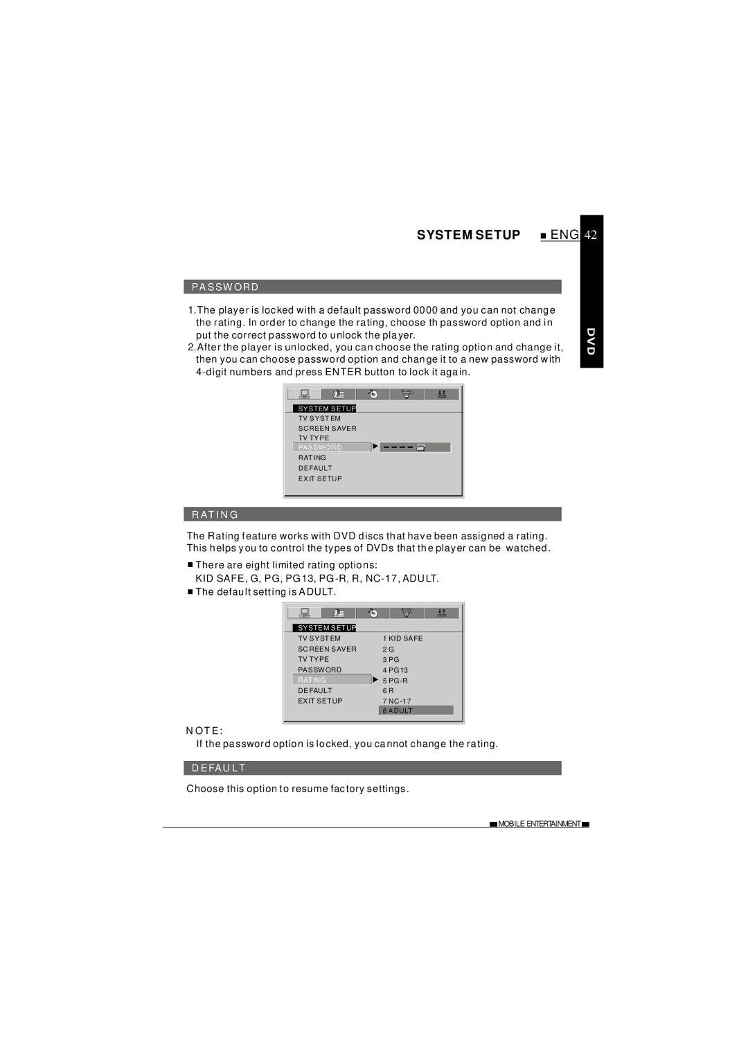 NextBase SDV27-SD operating instructions Password, Rating, Default 