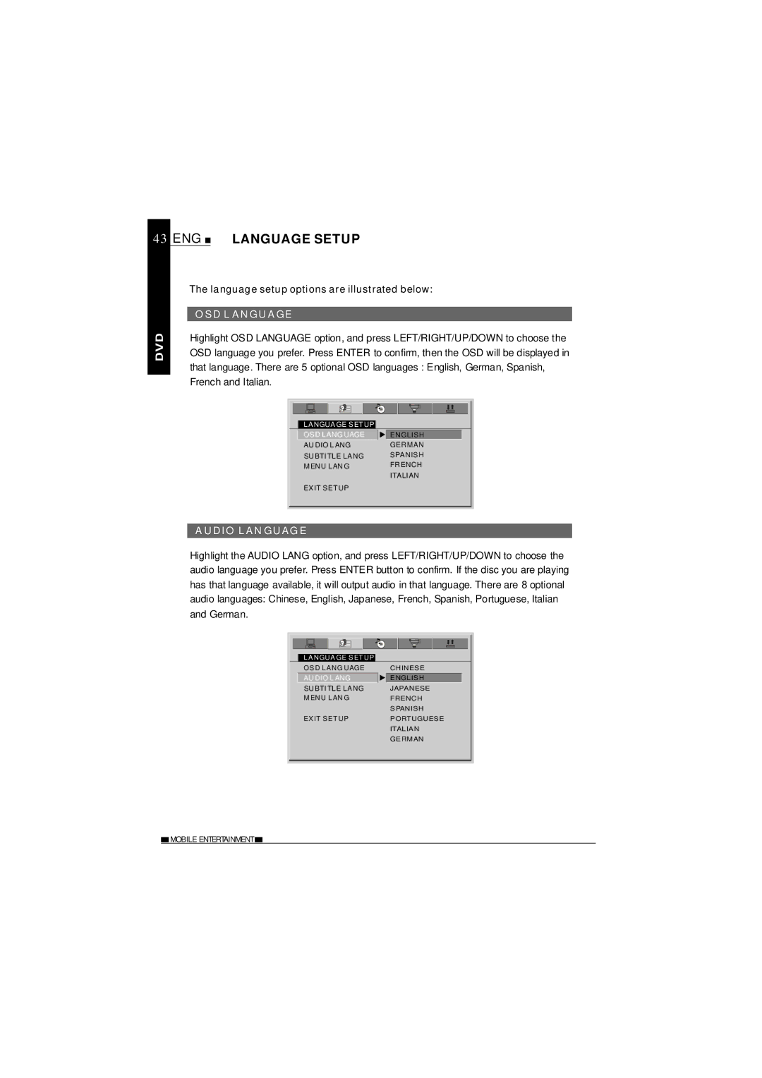 NextBase SDV27-SD operating instructions ENG Language Setup, OSD Language, Audio Language 