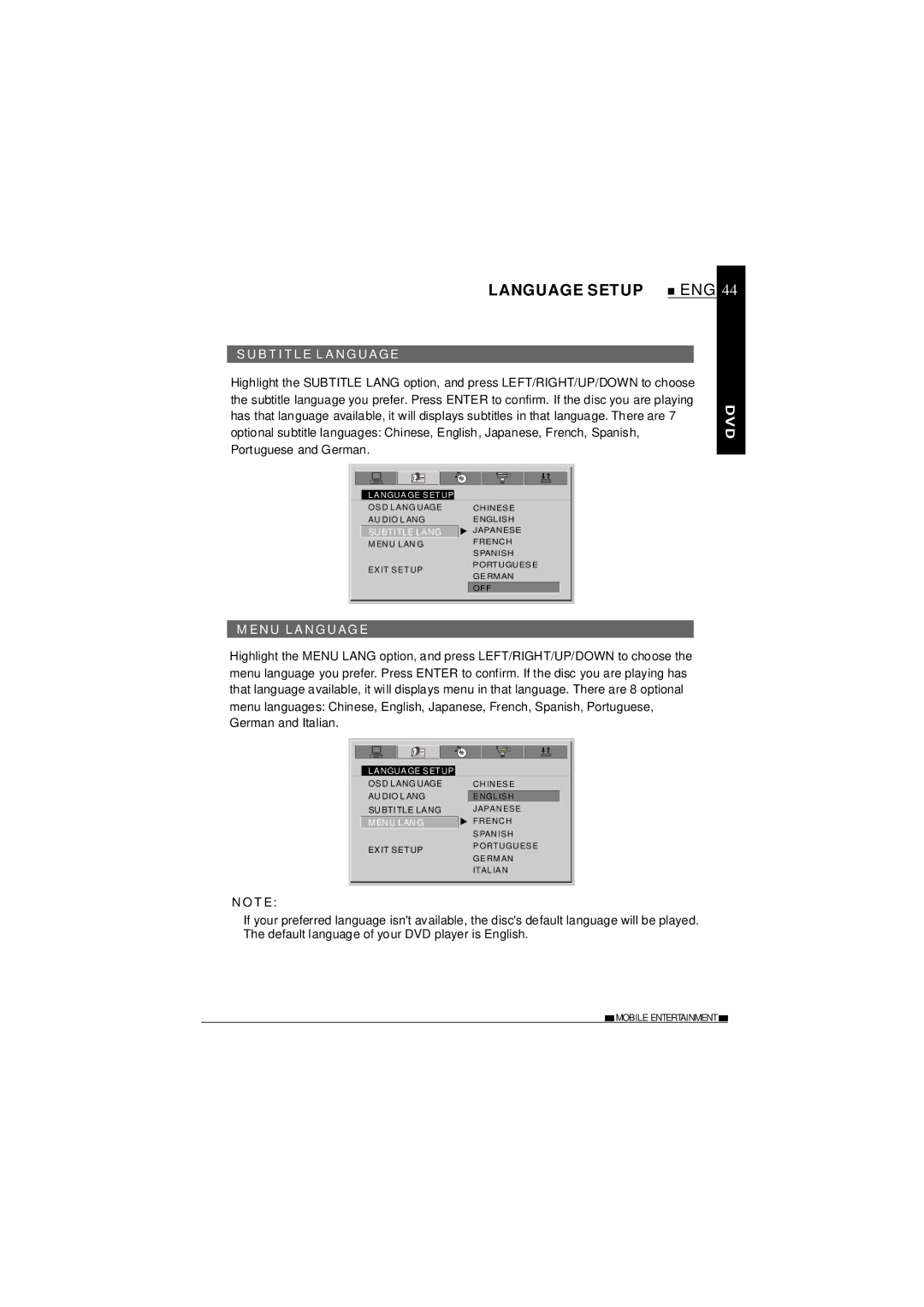 NextBase SDV27-SD operating instructions Language Setup, Subtitle Language, Menu Language 