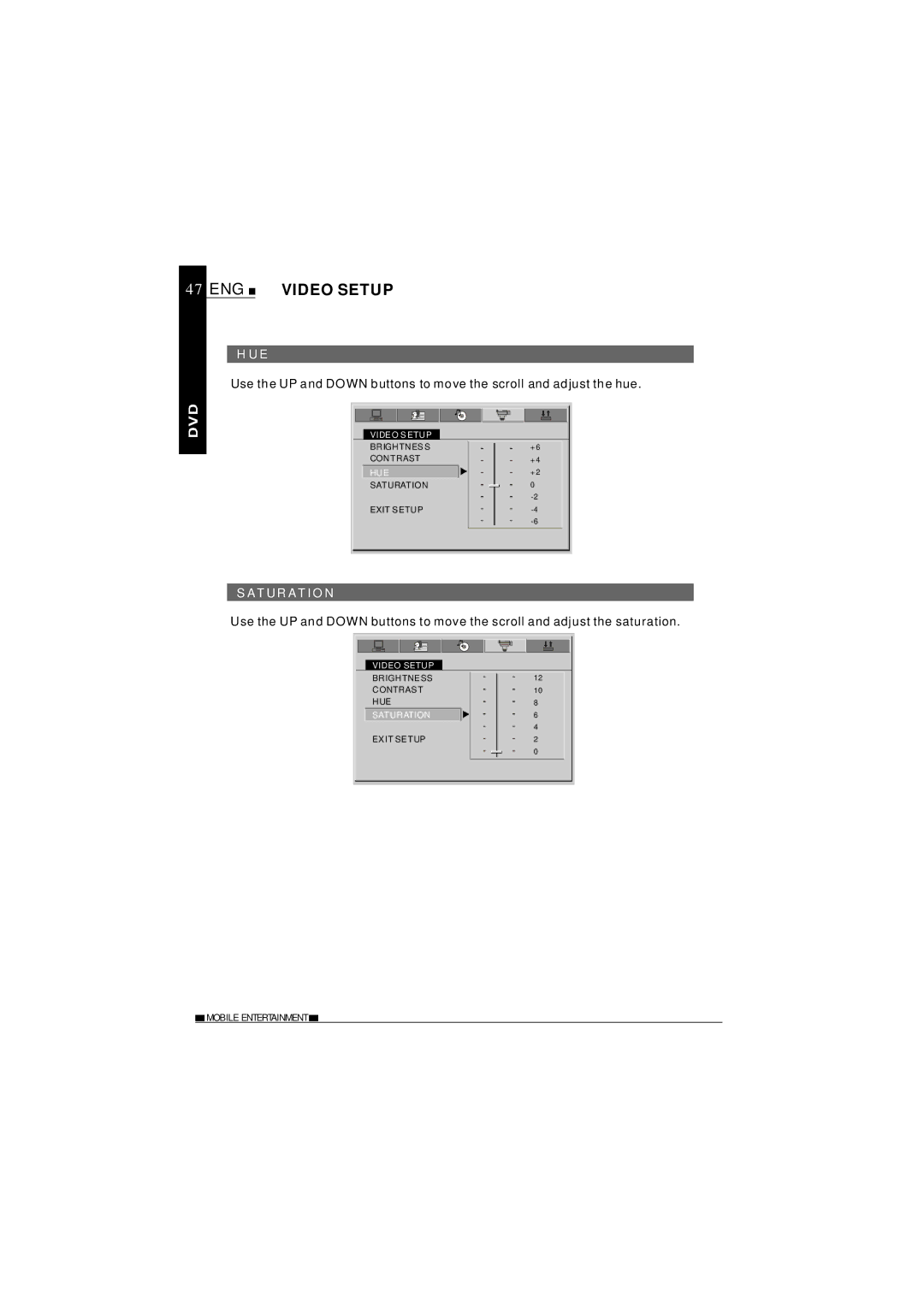 NextBase SDV27-SD operating instructions ENG Video Setup, Hue, Saturation 