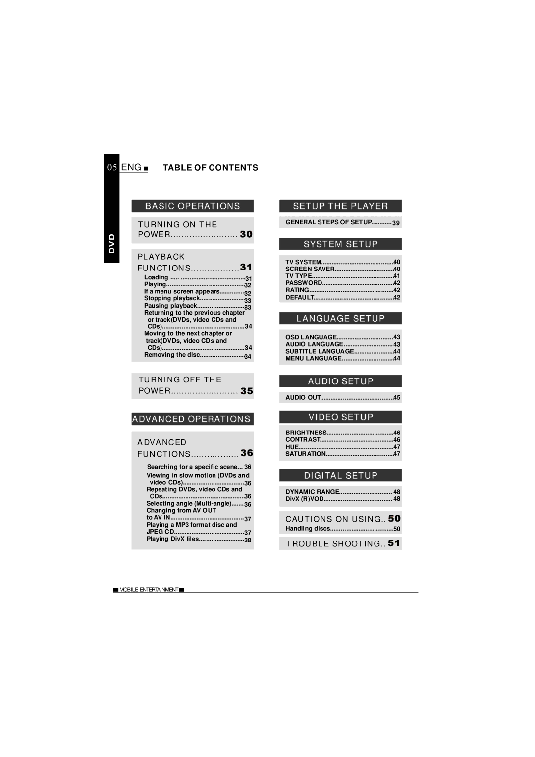 NextBase SDV27-SD Basic Operations, Advanced Operations, Setup the Player, System Setup, Audio Setup, Video Setup 