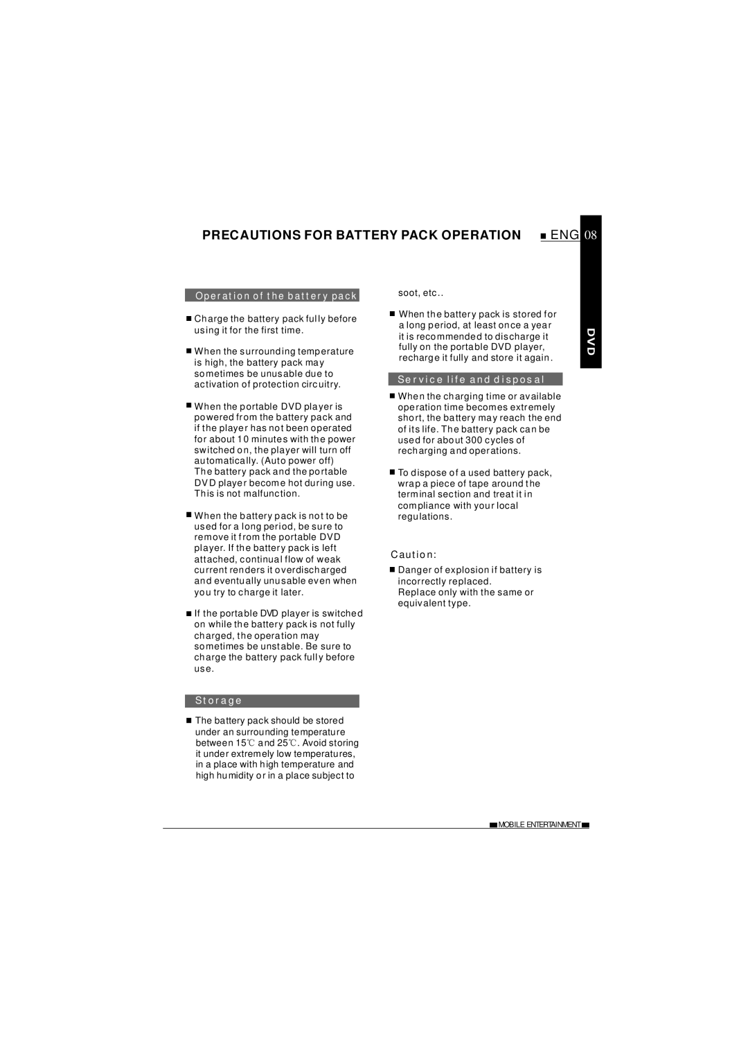 NextBase SDV37-SD operating instructions Precautions for Battery Pack Operation, Operation of the battery pack, Storage 