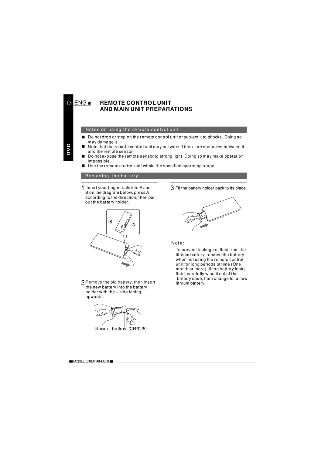 NextBase SDV37-SD operating instructions ENG Remote Control Unit Main Unit Preparations, Replacing the battery 