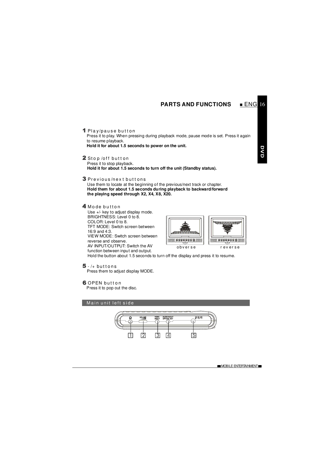 NextBase SDV37-SD operating instructions Parts and Functions ENG, Main unit left side 