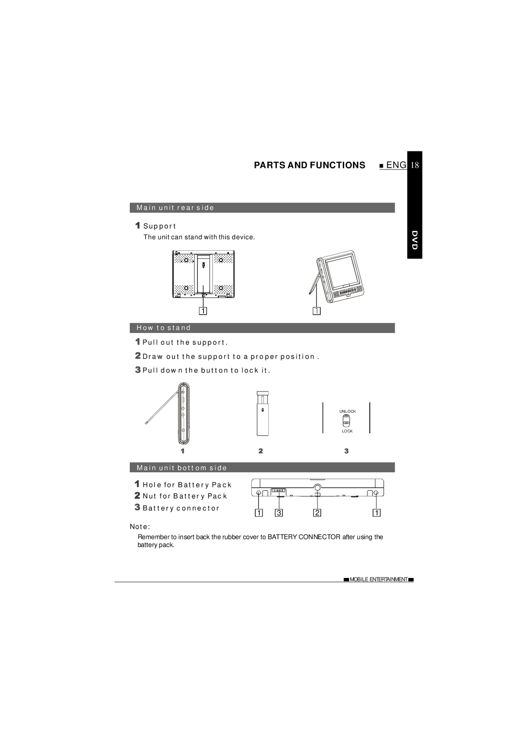 NextBase SDV37-SD Parts and Functions, Main unit rear side, Support, How to stand, Main unit bottom side 