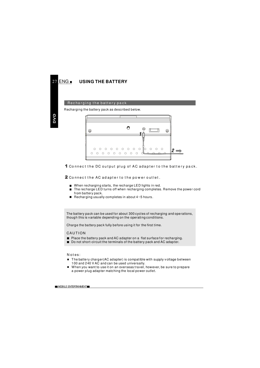 NextBase SDV37-SD operating instructions ENG Using the Battery, Recharging the battery pack 