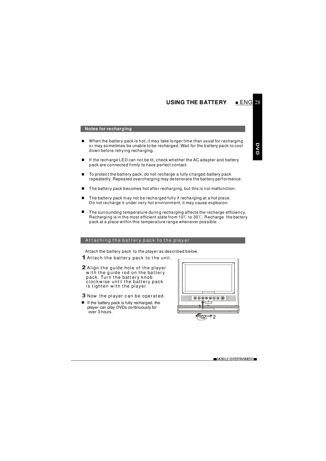 NextBase SDV37-SD operating instructions Using the Battery, Attaching the battery pack to the player 