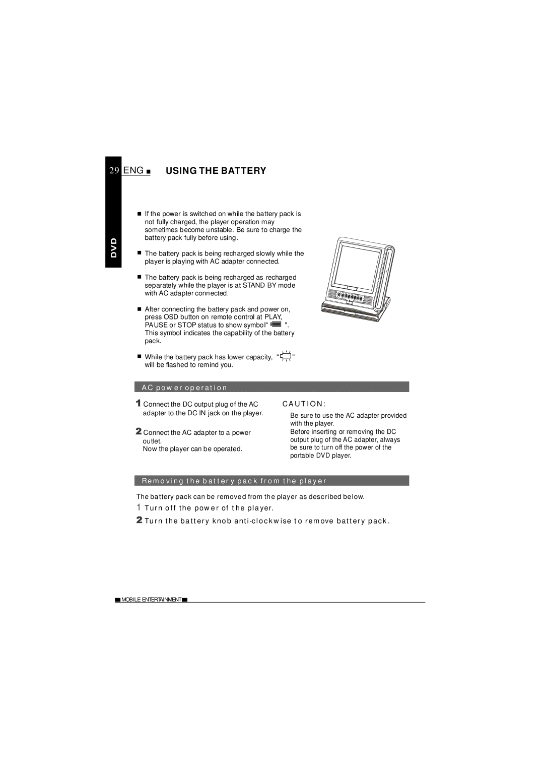 NextBase SDV37-SD operating instructions AC power operation, Removing the batter y pack from the player 