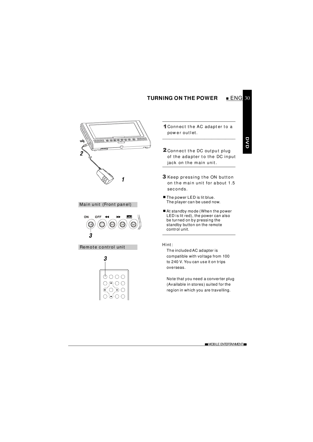 NextBase SDV37-SD operating instructions Turning on the Power, Remote control unit, Hint 