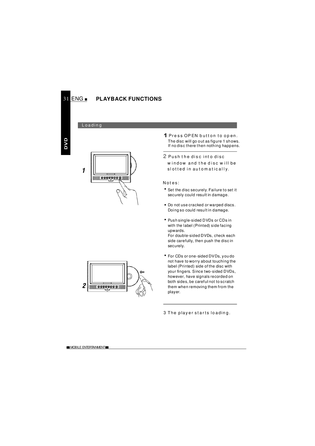 NextBase SDV37-SD operating instructions ENG Playback Functions, Loading, Press Open button to open, Player starts loading 