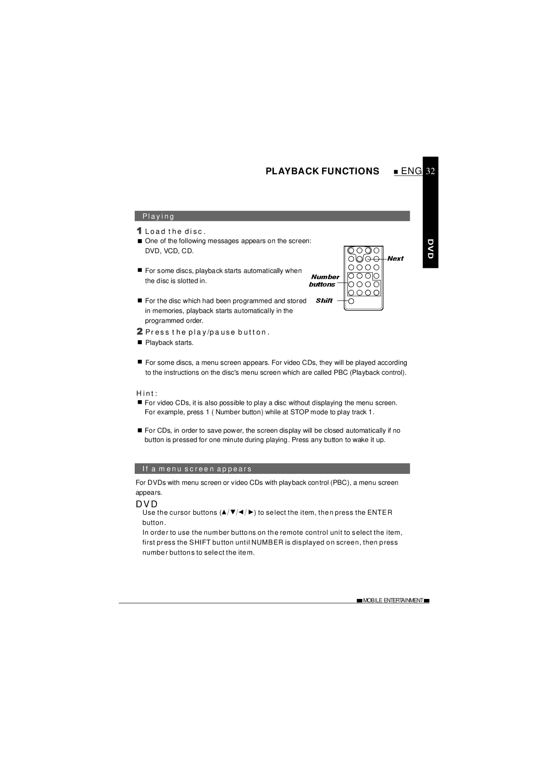 NextBase SDV37-SD operating instructions Playback Functions, Dvd, Playing, If a menu screen appears 