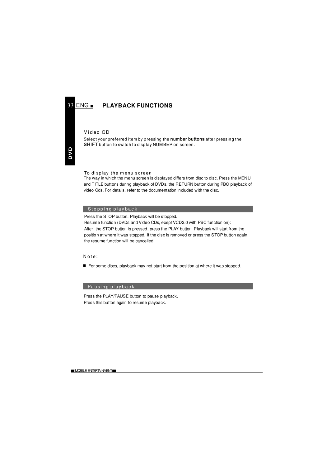 NextBase SDV37-SD operating instructions Video CD, To display the menu screen, Stopping playback, Pausing playback 