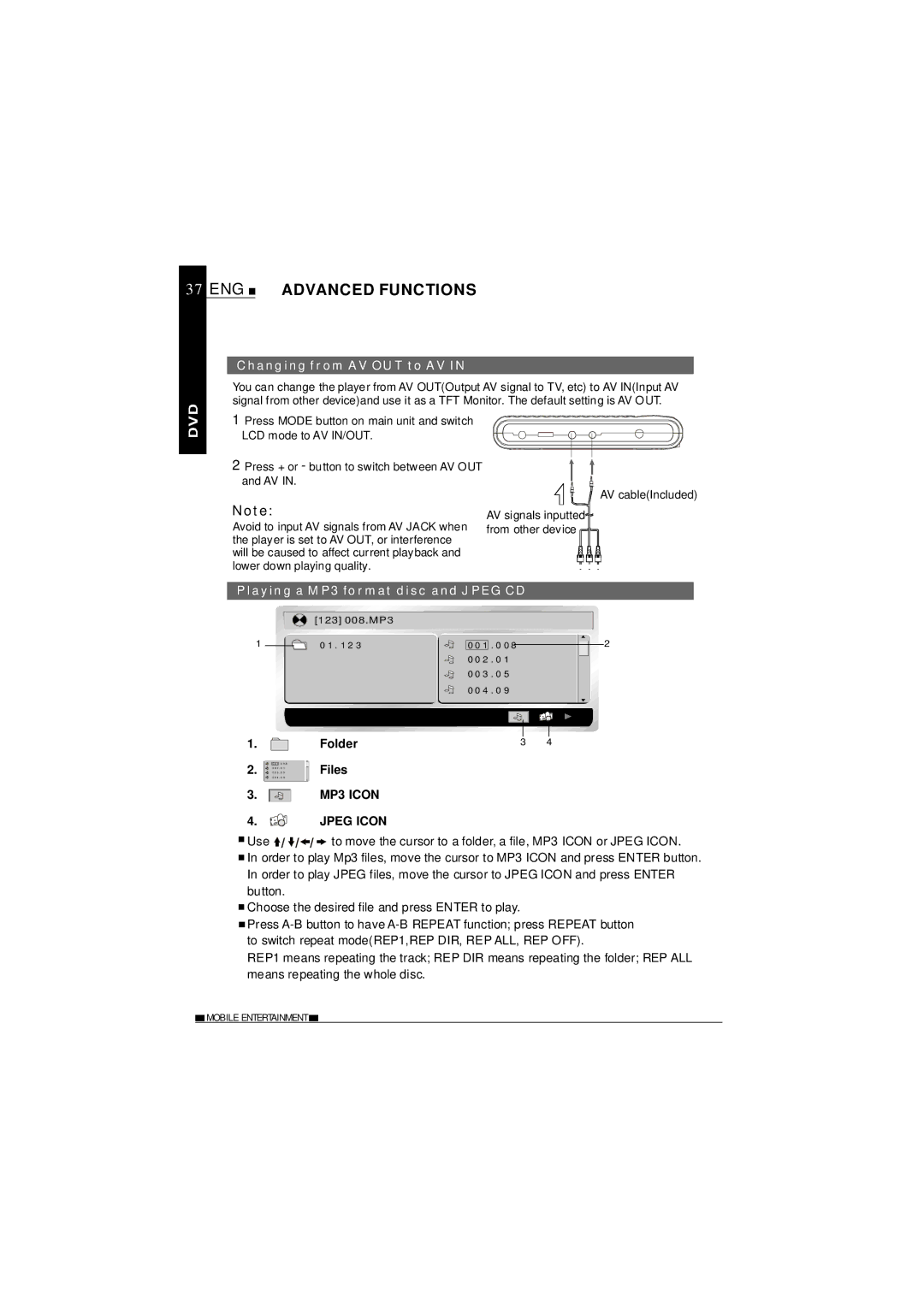 NextBase SDV37-SD ENG Advanced Functions, Changing from AV OUT to AV, Playing a MP3 format disc and Jpeg CD, Folder Files 