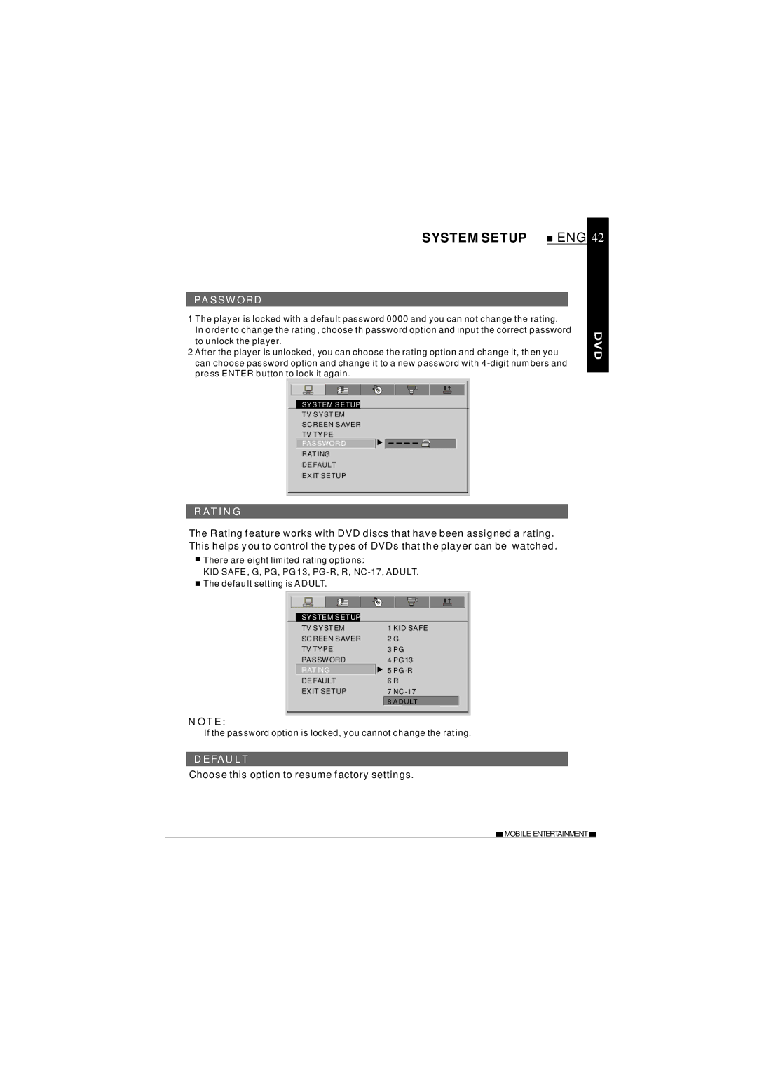 NextBase SDV37-SD operating instructions System Setup ENG, Password, Rating, Default 