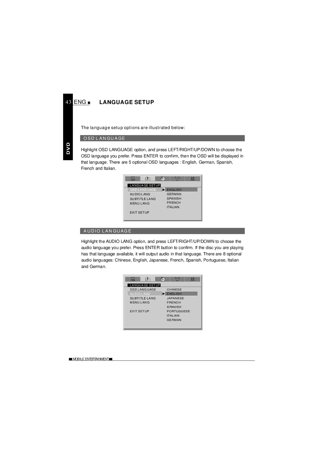 NextBase SDV37-SD operating instructions ENG Language Setup, OSD Language, Audio Language 