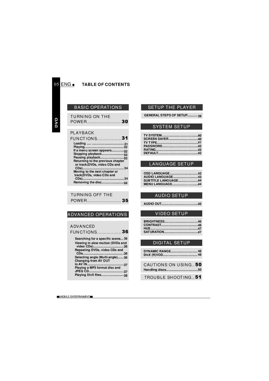 NextBase SDV37-SD Basic Operations, Advanced Operations, Setup the Player, System Setup, Audio Setup, Video Setup 