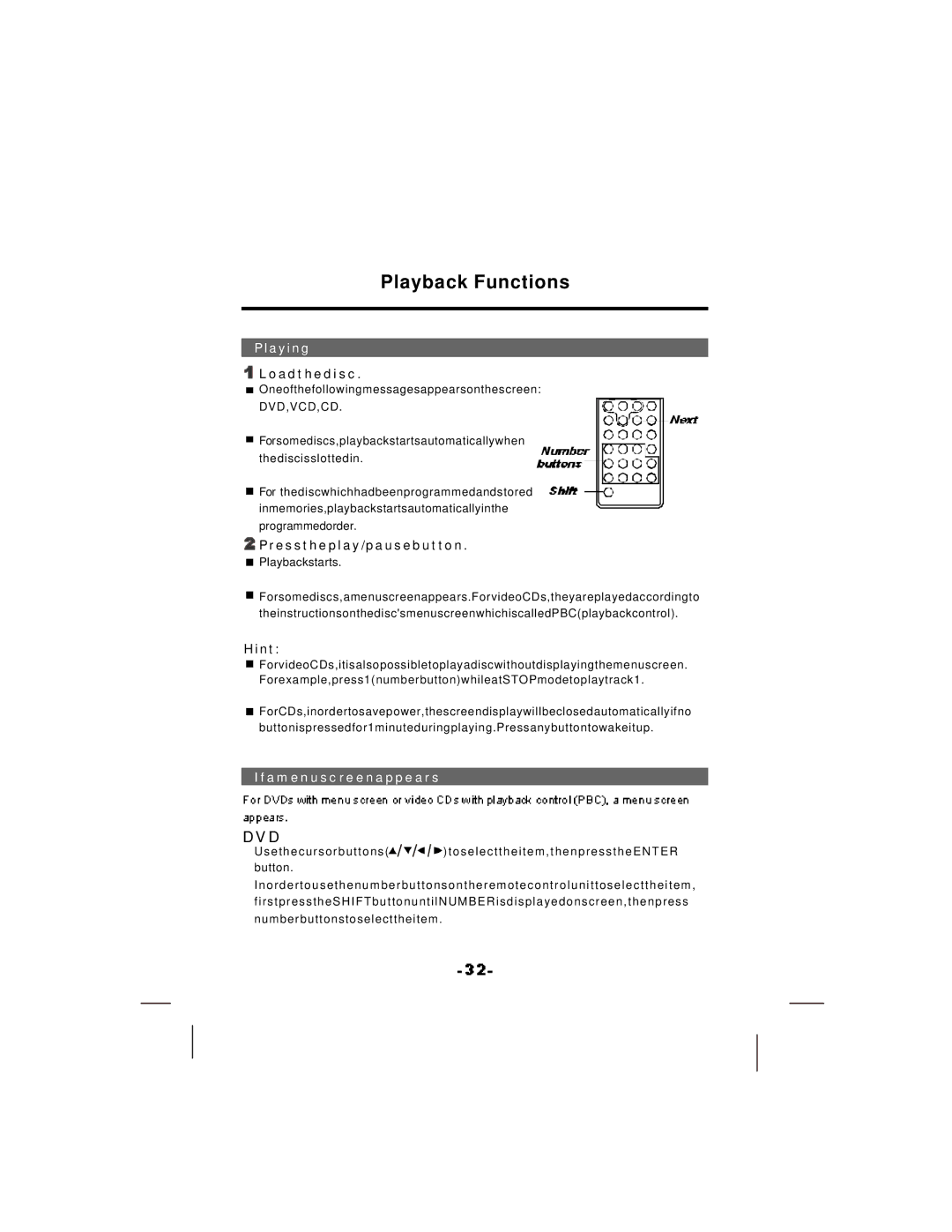 NextBase SDV37-SQ manual Playing, Loadthedisc, Presstheplay/pausebutton, Hint, Ifamenuscreenappears 