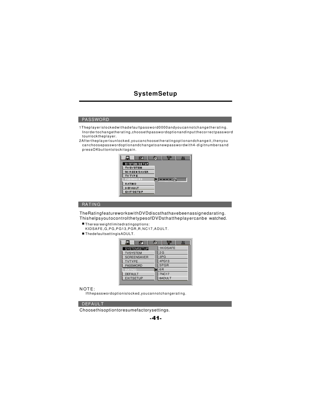 NextBase SDV37-SQ manual Password, Rating, Default 