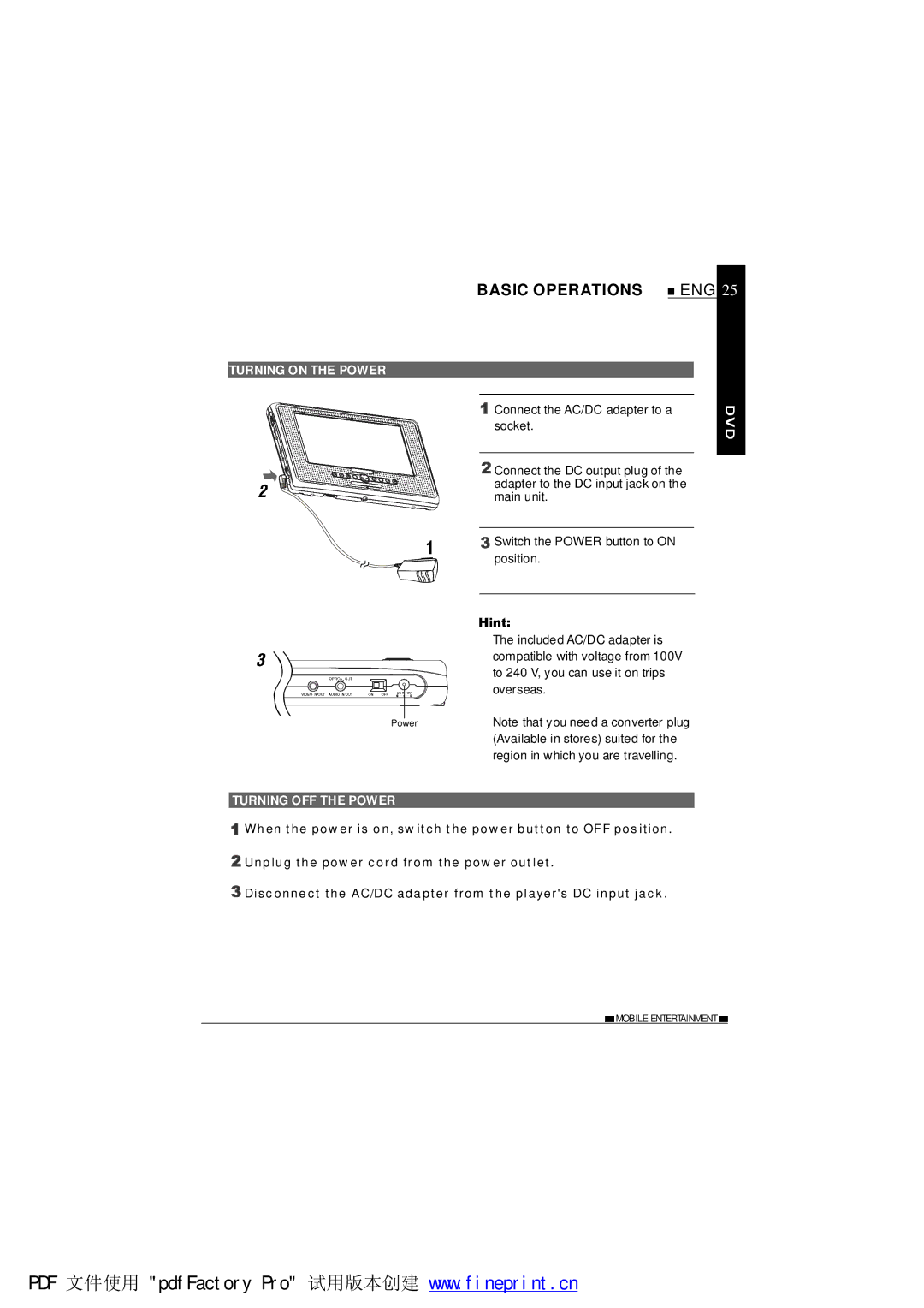 NextBase SDV485-B operating instructions Basic Operations, Turning on the Power, Turning OFF the Power 