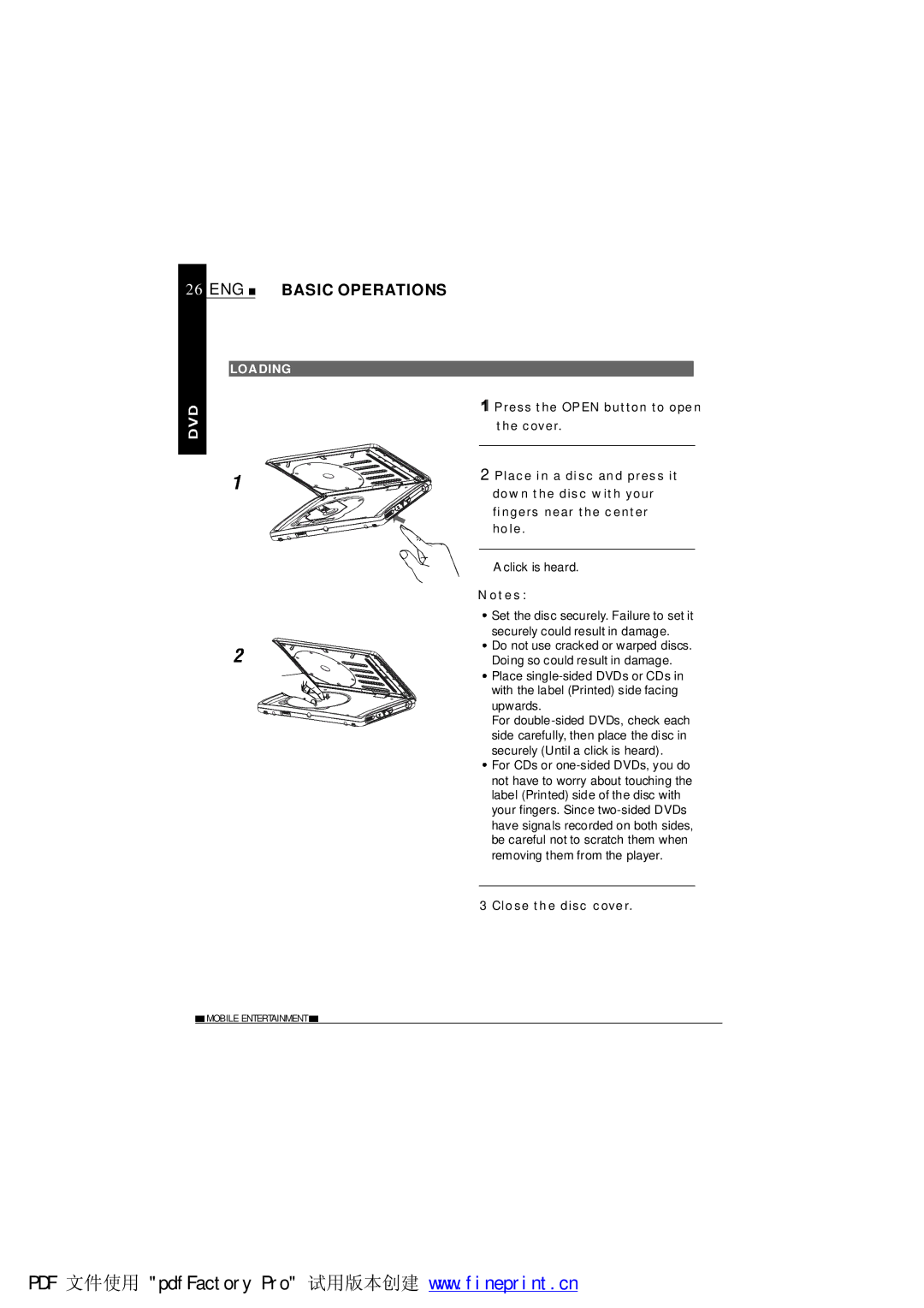 NextBase SDV485-B operating instructions ENG Basic Operations, Loading, Close the disc cover 