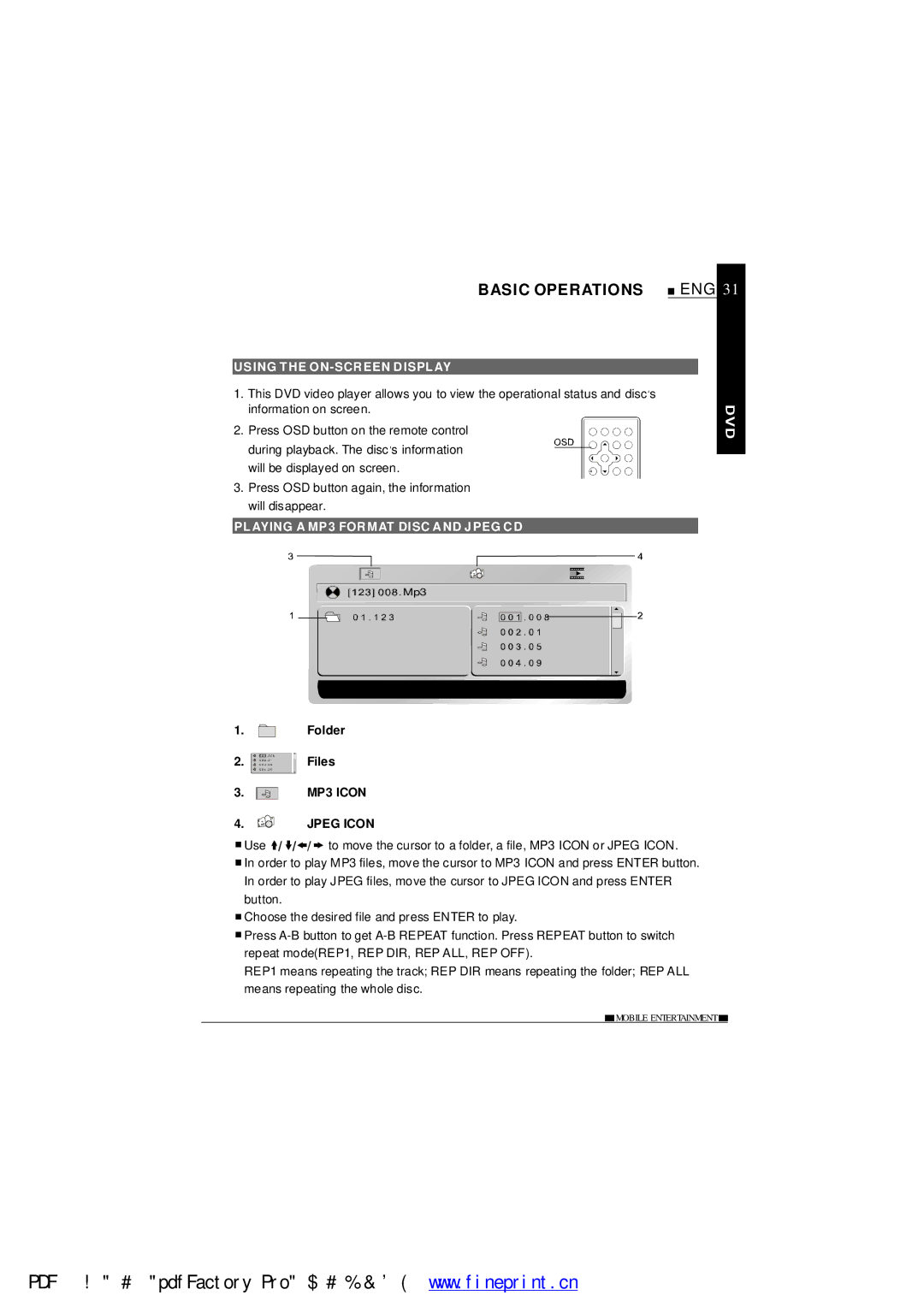 NextBase SDV485-B operating instructions Using the ON-SCREEN Display, Playing a MP3 Format Disc and Jpeg CD, Folder, Files 