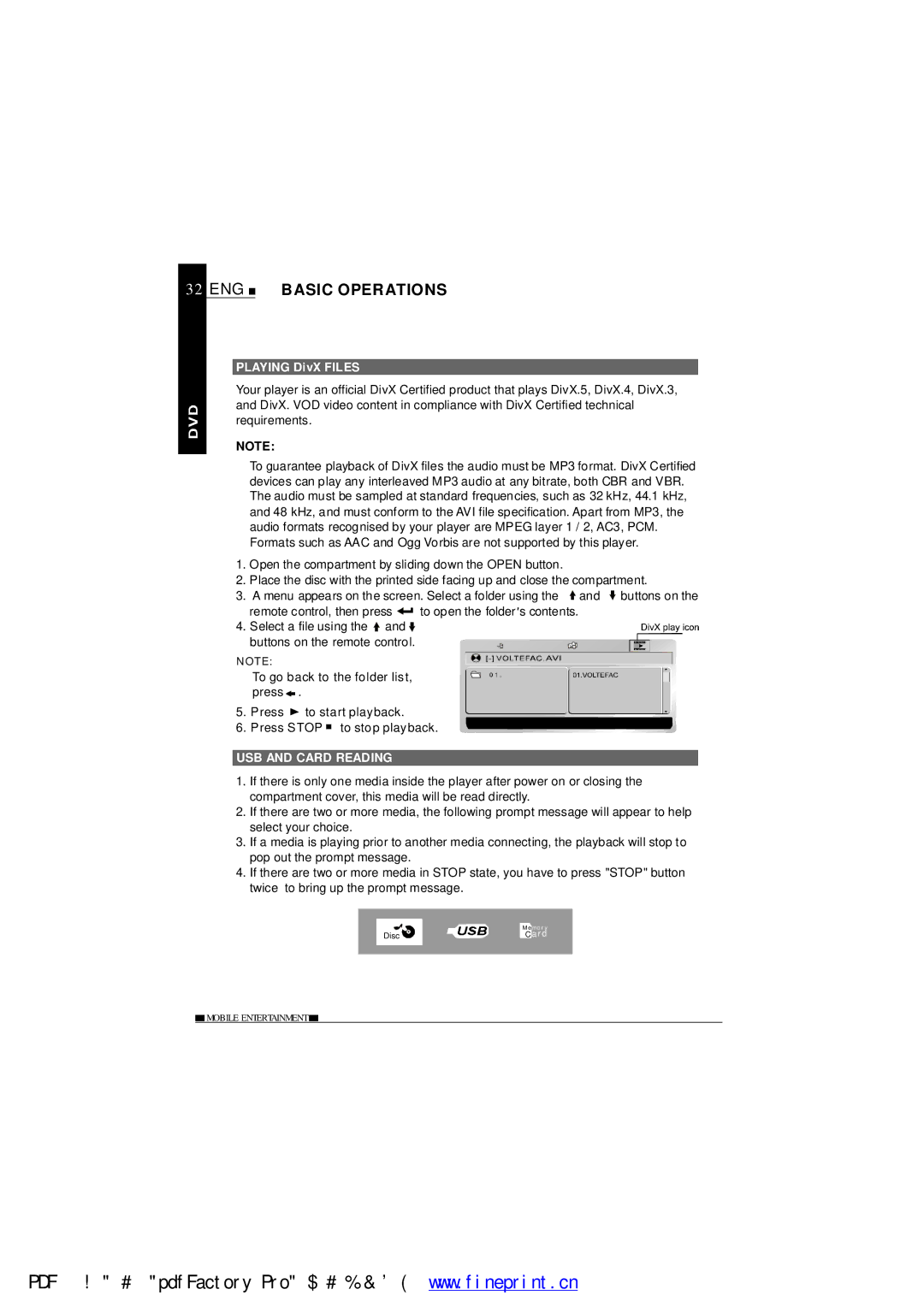 NextBase SDV485-B operating instructions Playing DivX Files, USB and Card Reading 