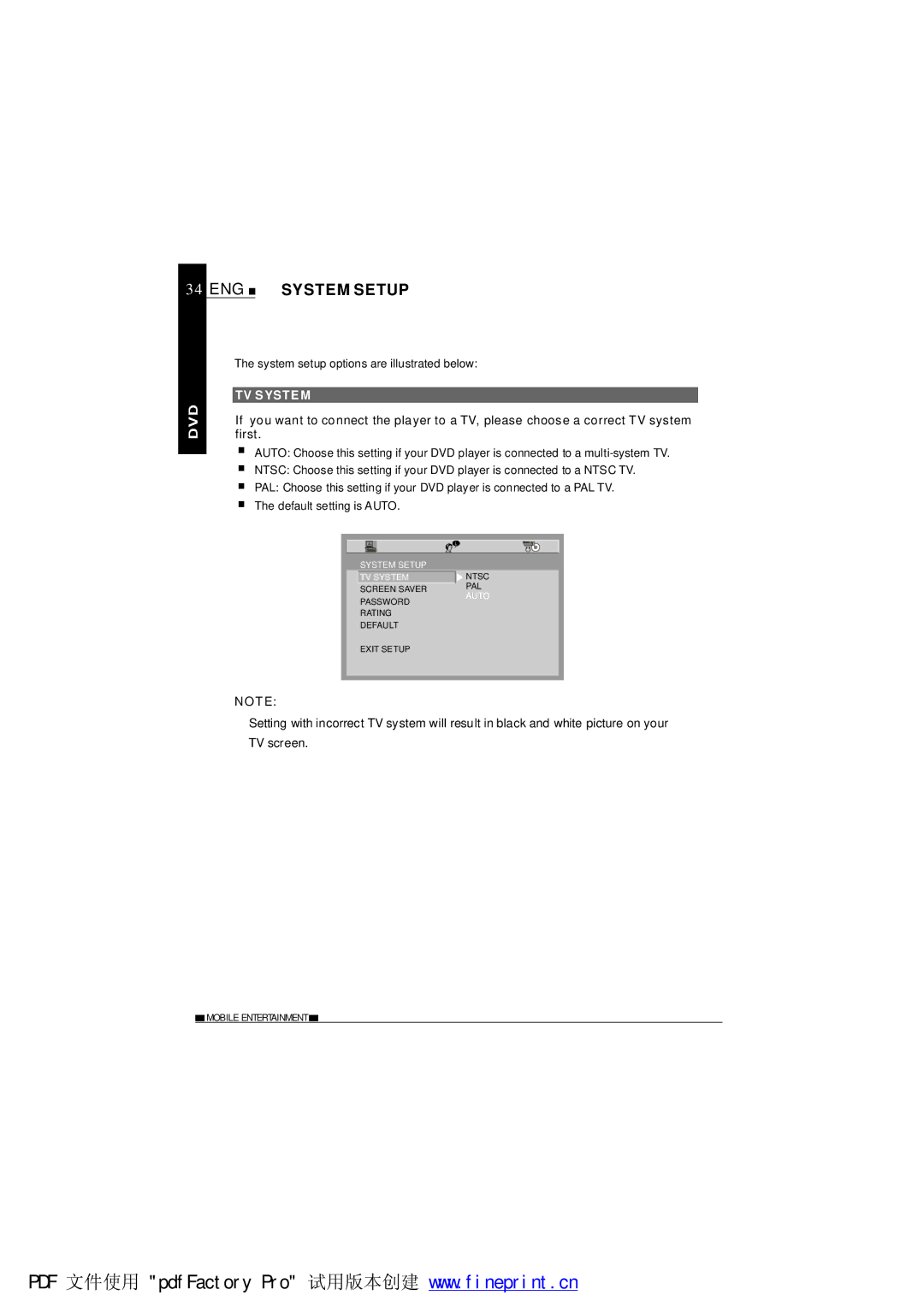 NextBase SDV485-B operating instructions ENG System Setup, TV System 