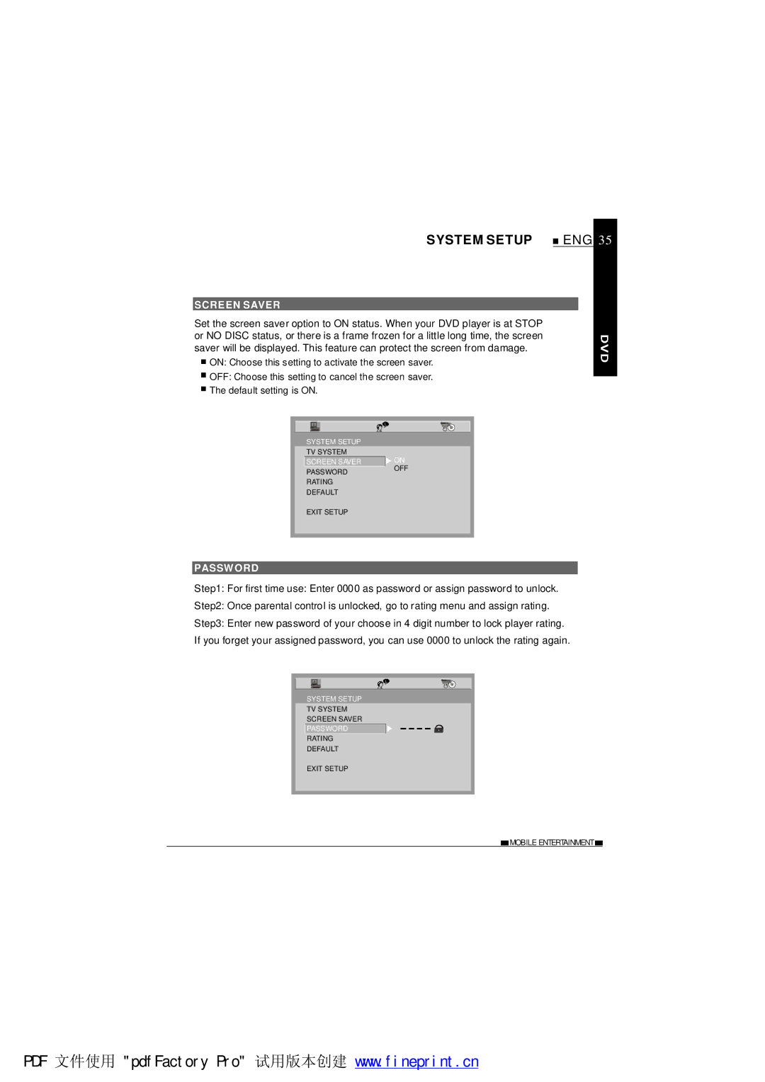 NextBase SDV485-B operating instructions System Setup, Screen Saver, Password 