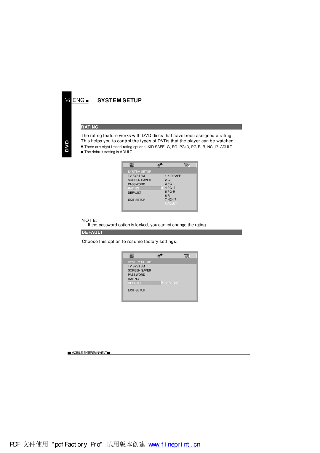 NextBase SDV485-B operating instructions Rating, Default, Choose this option to resume factory settings 