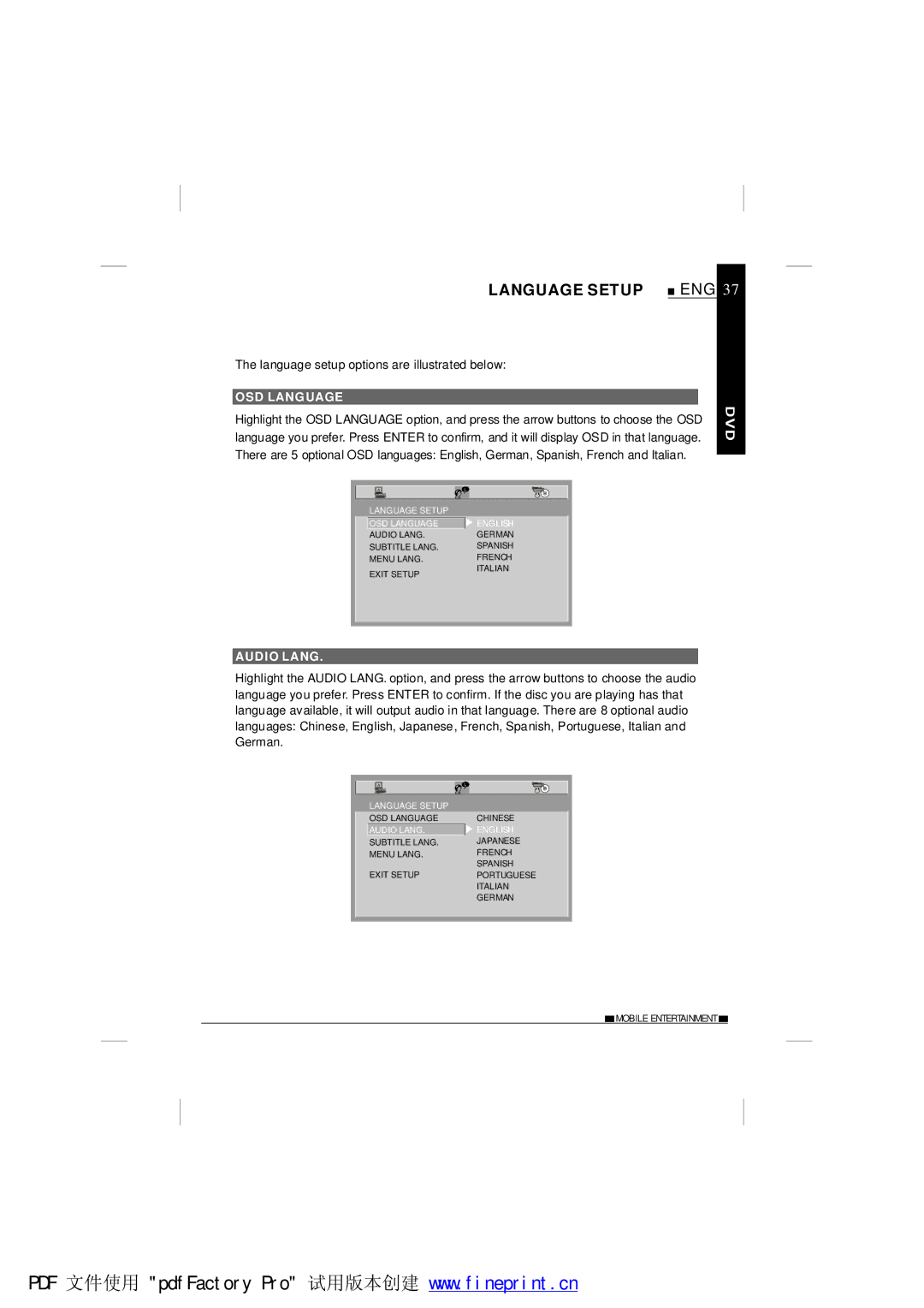 NextBase SDV485-B Language Setup, Language setup options are illustrated below, OSD Language, Audio Lang 