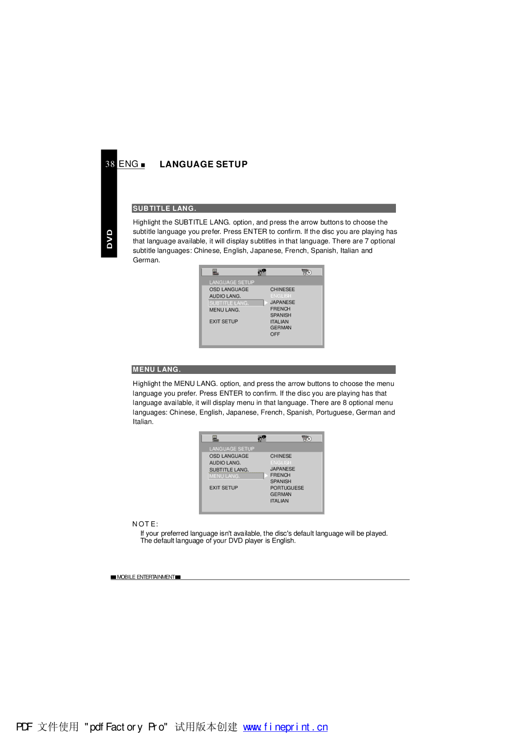 NextBase SDV485-B operating instructions ENG Language Setup, Subtitle Lang, Menu Lang 