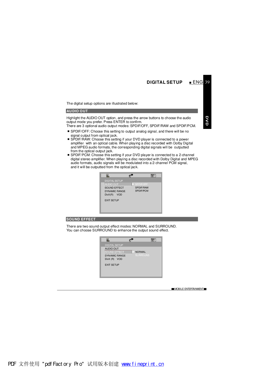 NextBase SDV485-B Digital Setup, Digital setup options are illustrated below, Audio OUT, Sound Effect 