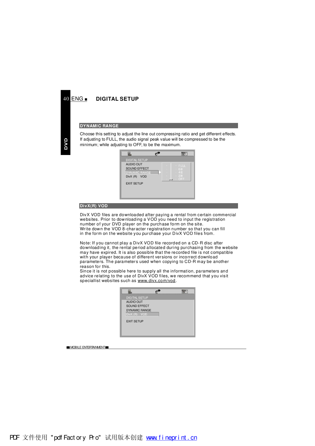 NextBase SDV485-B operating instructions ENG Digital Setup, Dynamic Range 