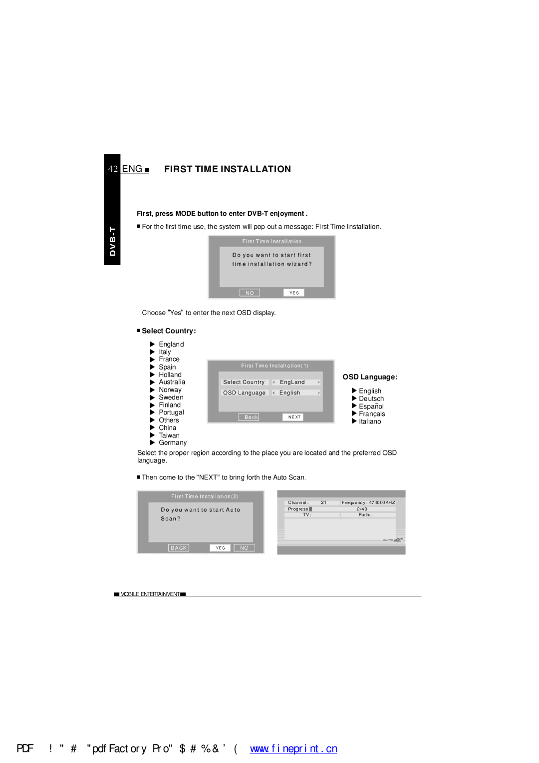 NextBase SDV485-B operating instructions ENG First Time Installation, Select Country, OSD Language 