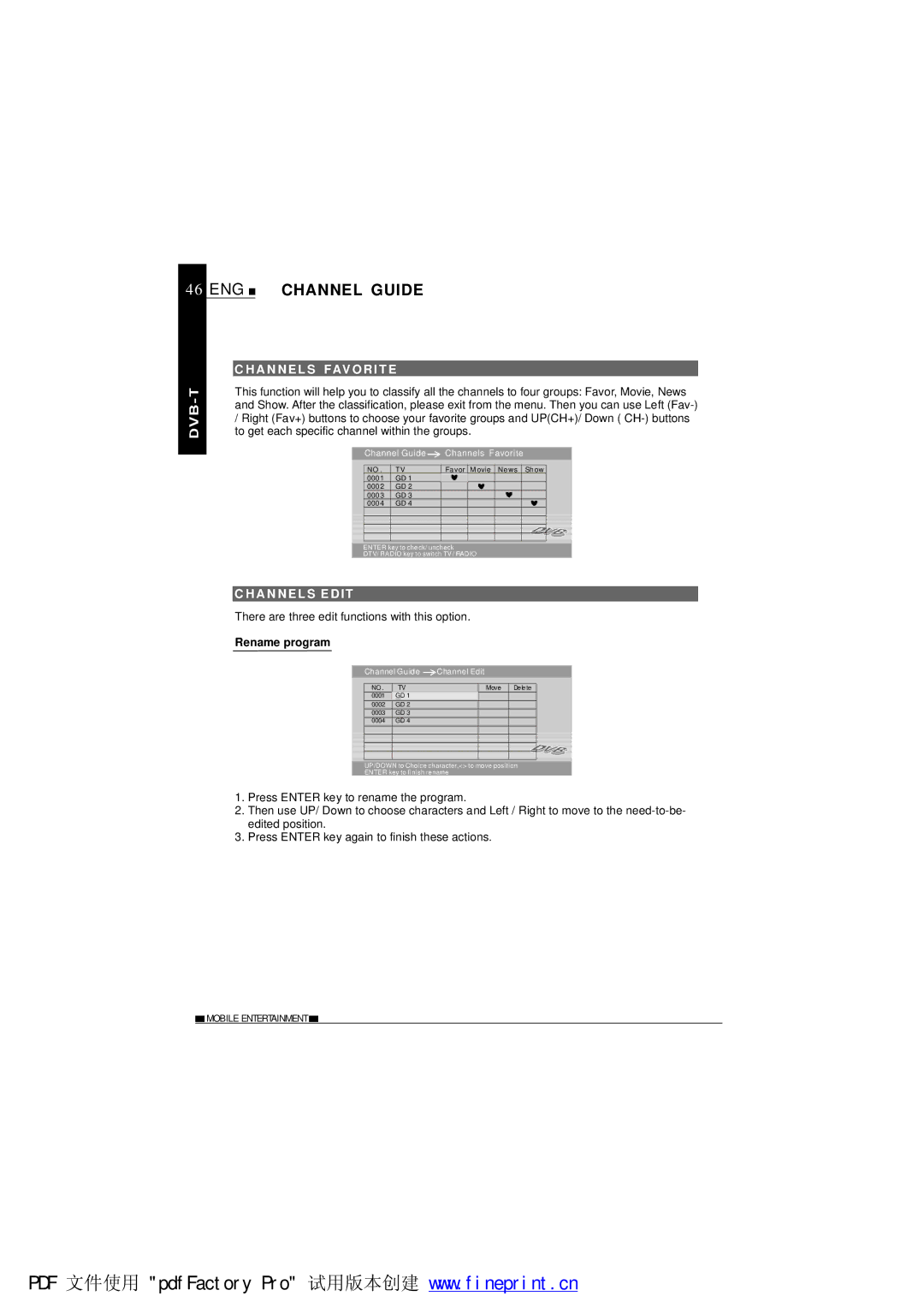 NextBase SDV485-B operating instructions ENG Channel Guide, HA Nnels Favori T E, HA Nnels Edit 