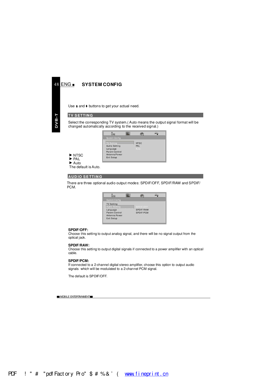 NextBase SDV485-B ENG System Config, Use and buttons to get your actual need, TV Settin G, Auto Default is Auto 