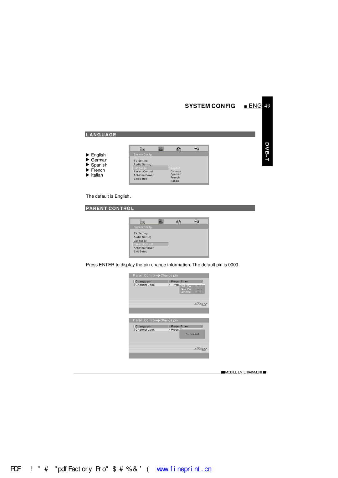 NextBase SDV485-B System Config, Anguage, English German Spanish French Italian Default is English, Parent Contro L 