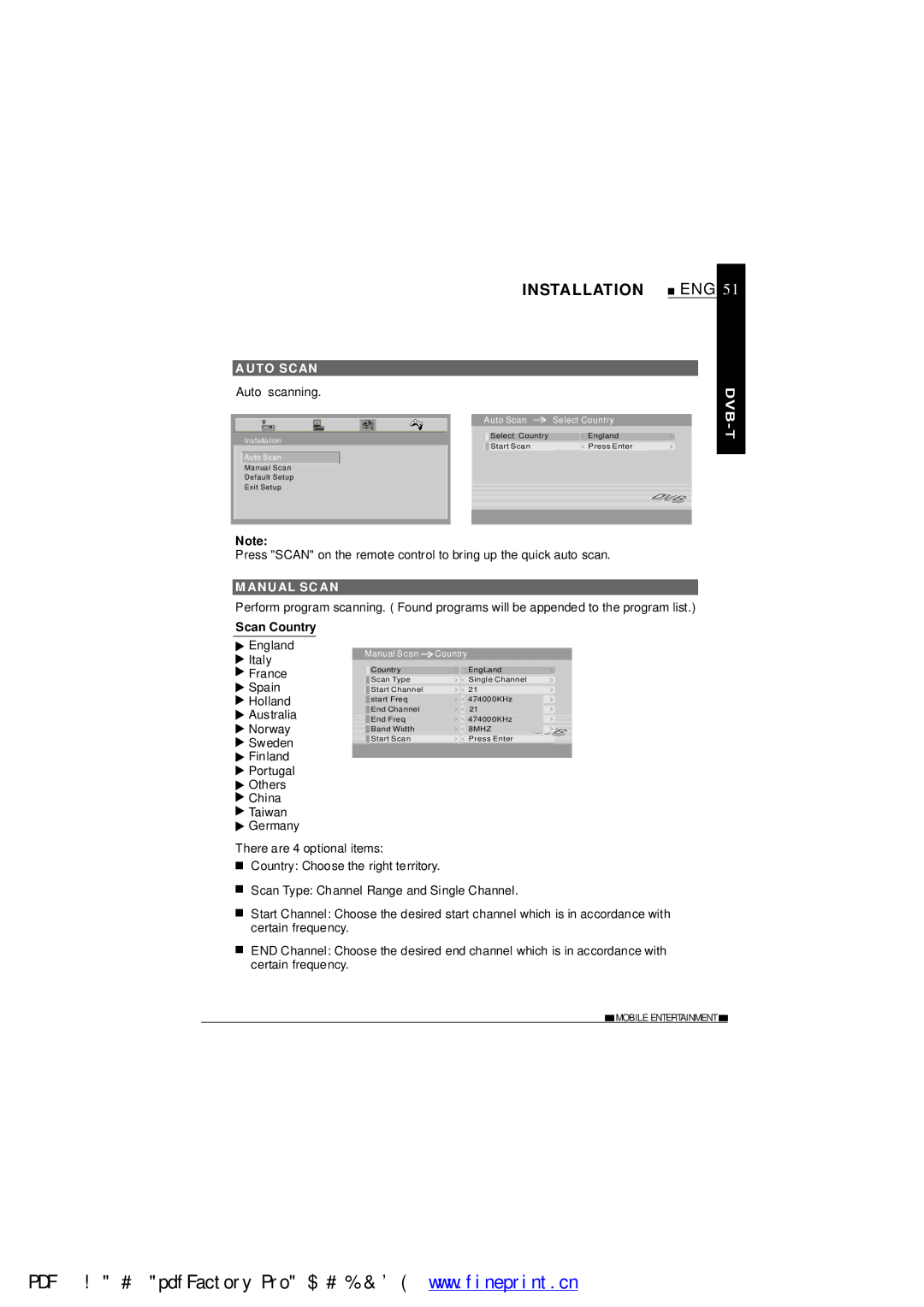 NextBase SDV485-B operating instructions Installation, Auto Scan, Auto scanning, Anual Scan, Scan Country 