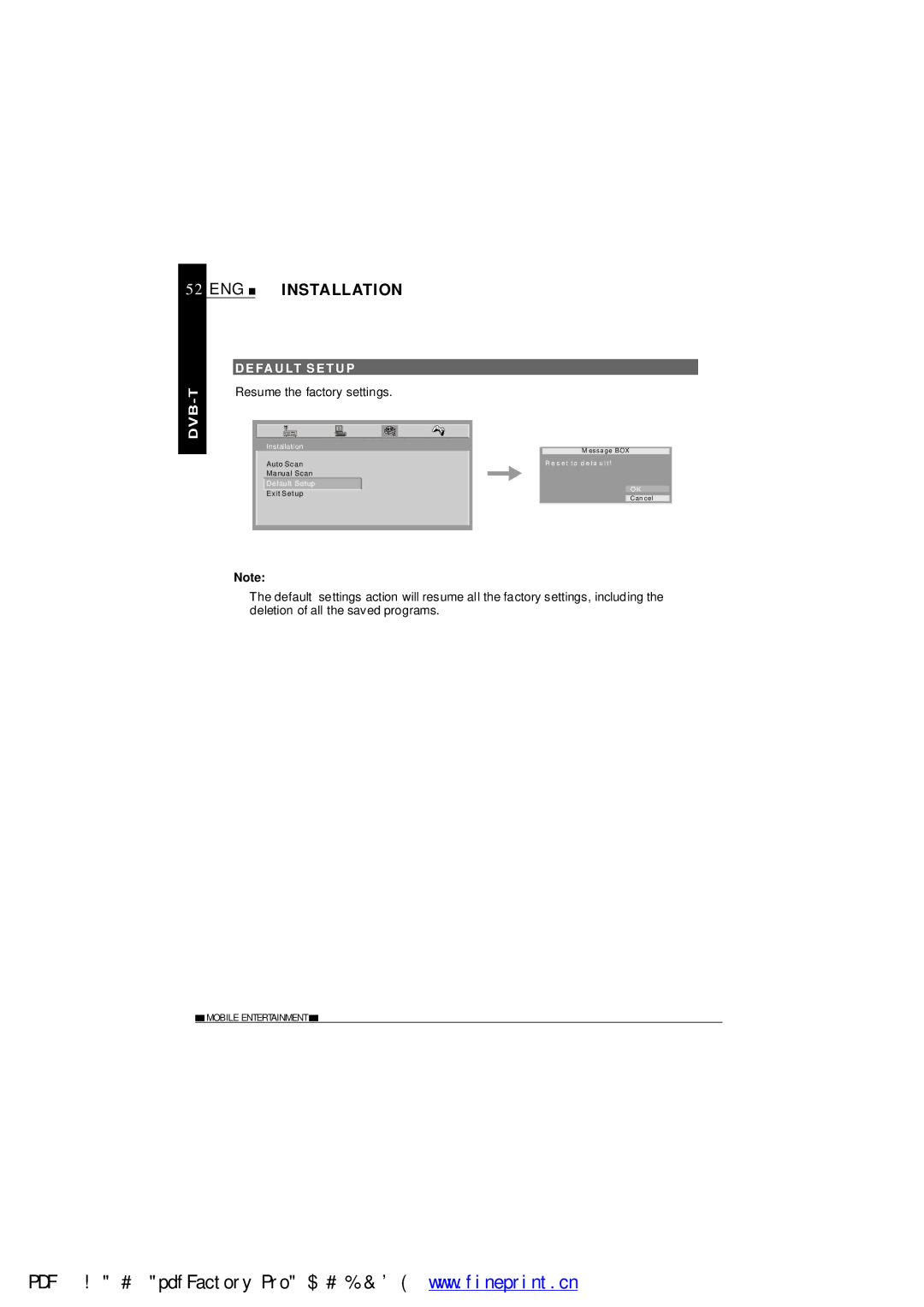 NextBase SDV485-B operating instructions ENG Installation, Defa ULT Setu P, Resume the factory settings 