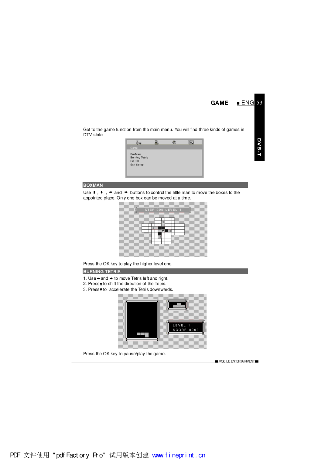 NextBase SDV485-B operating instructions Game, Boxman, Press the OK key to play the higher level one, Burning Tetris 