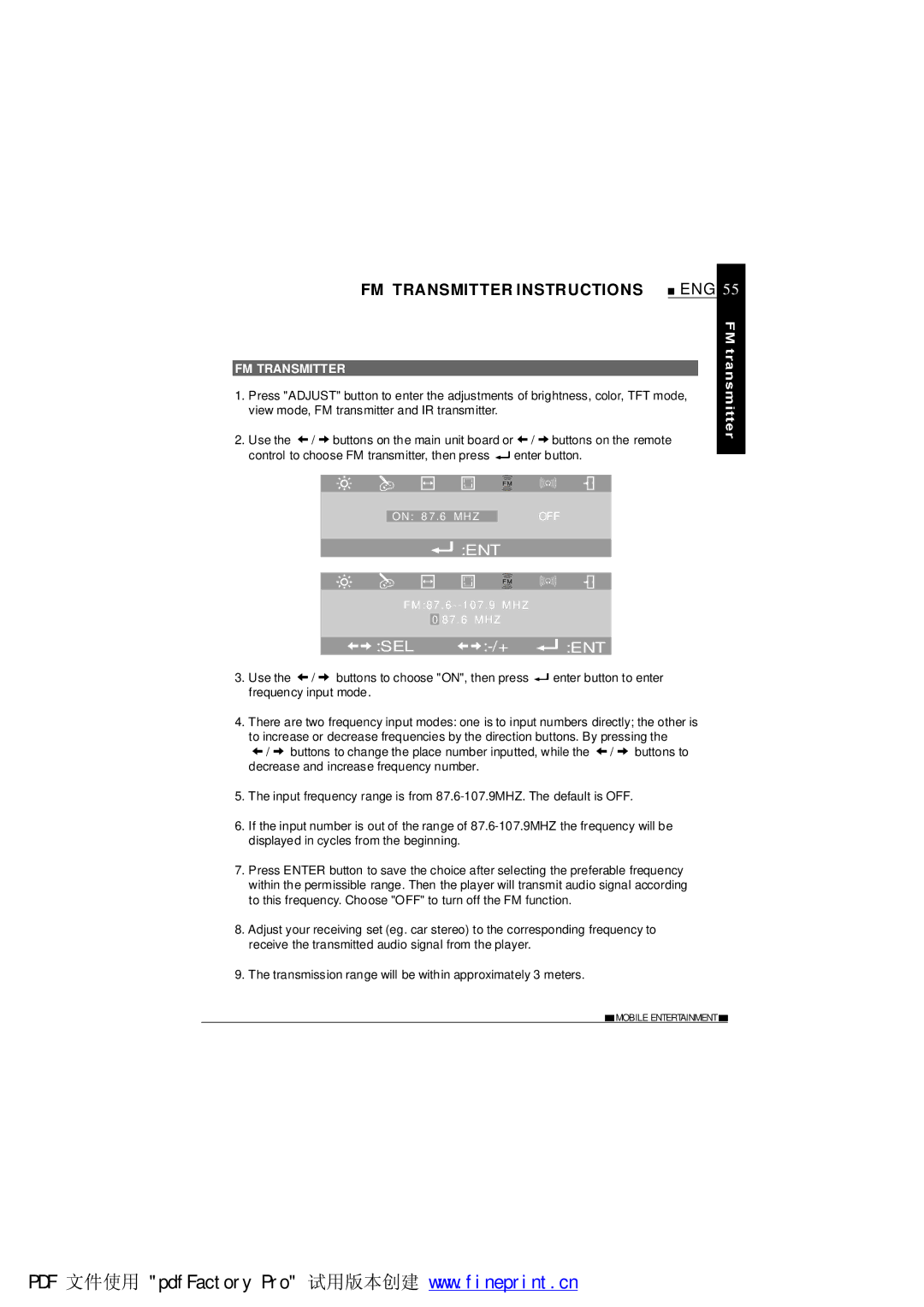 NextBase SDV485-B operating instructions FM Transmitter Instructions, Buttons on the remote enter button 