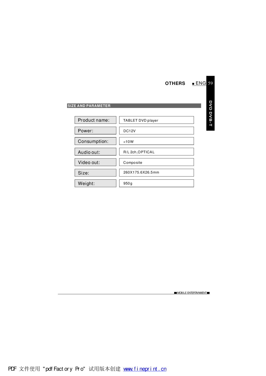 NextBase SDV485-B Others, Size and Parameter, Tablet DVD player, 10W 2ch,OPTICAL Composite 260X175.6X26.5mm 950 g 