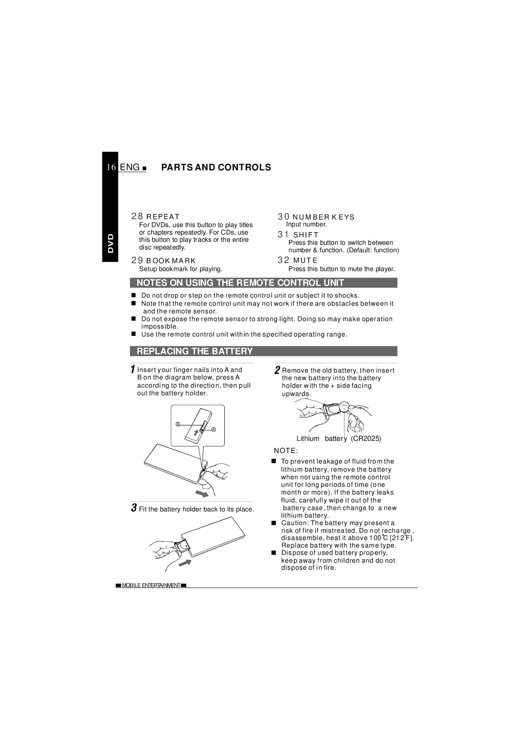 NextBase SDV620-B operating instructions Replacing the Battery 