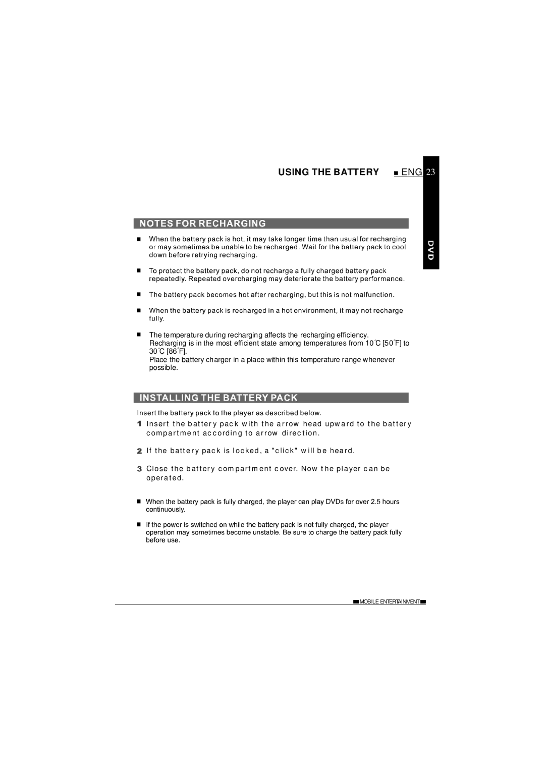 NextBase SDV620-B operating instructions Using the Battery 