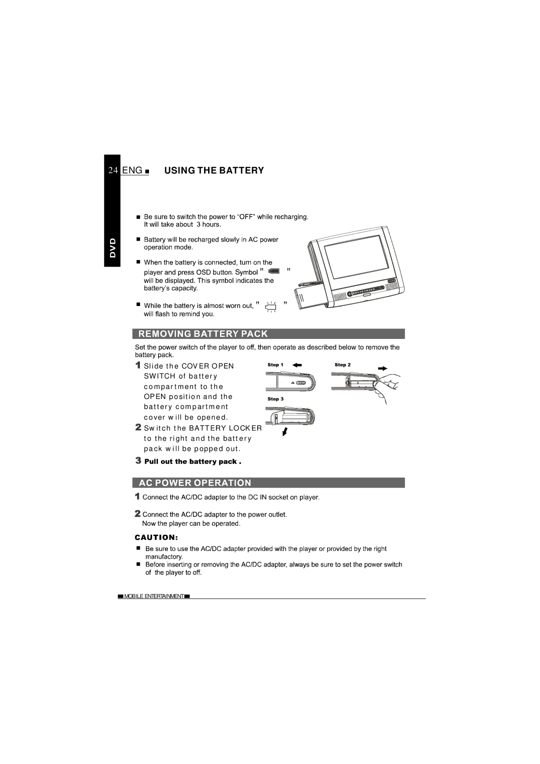 NextBase SDV620-B operating instructions ENG Using the Battery 