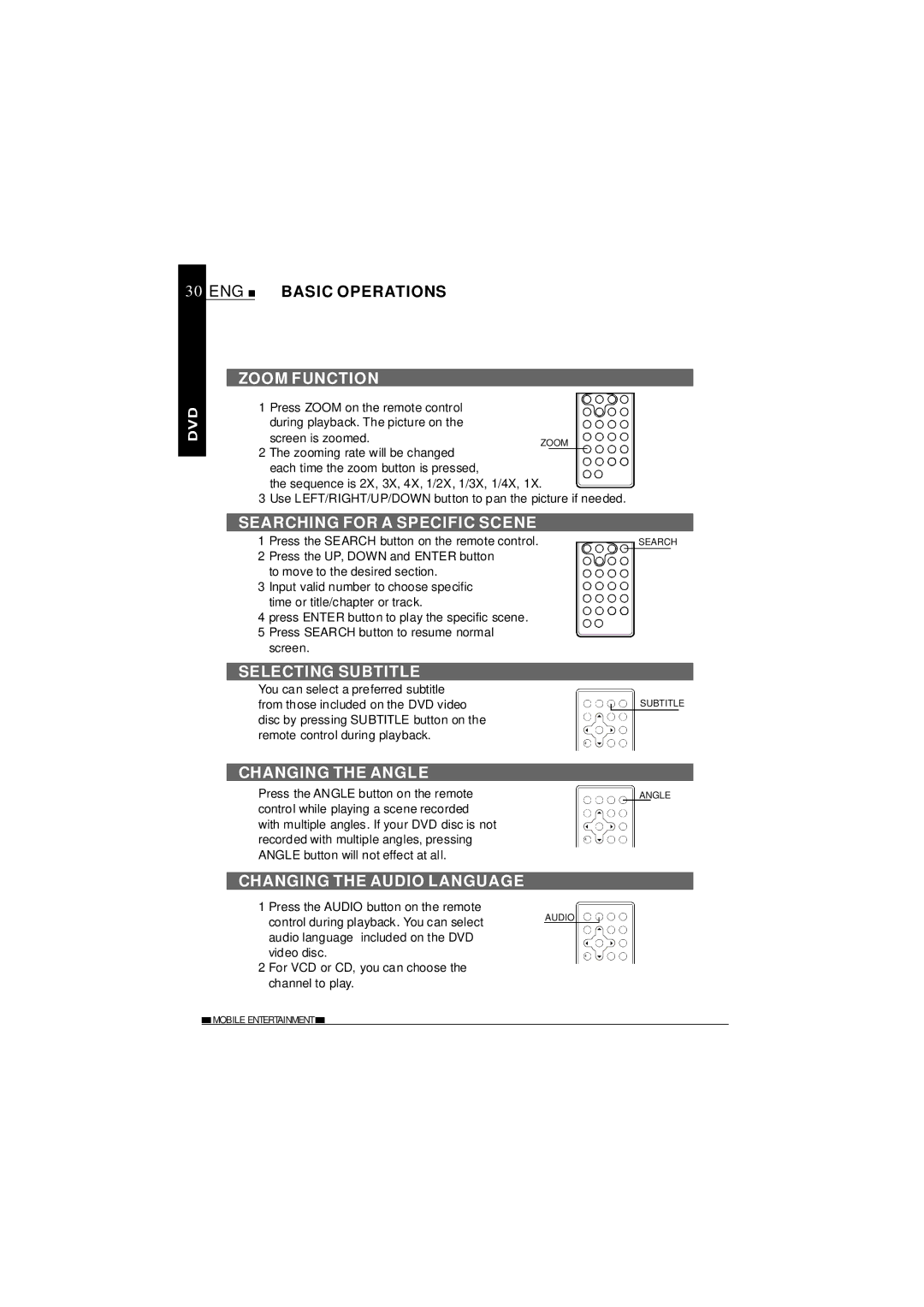 NextBase SDV620-B Zoom Function, Searching for a Specific Scene, Selecting Subtitle, Changing the Angle 