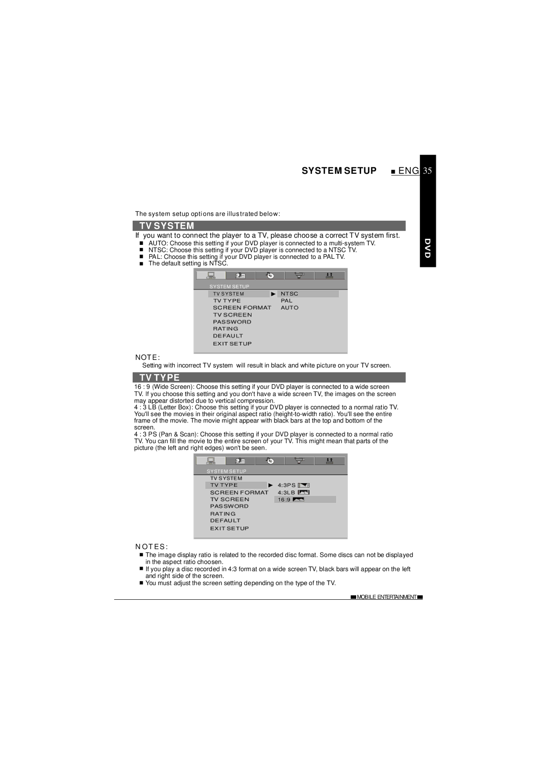 NextBase SDV620-B operating instructions System Setup, TV System, TV Type 