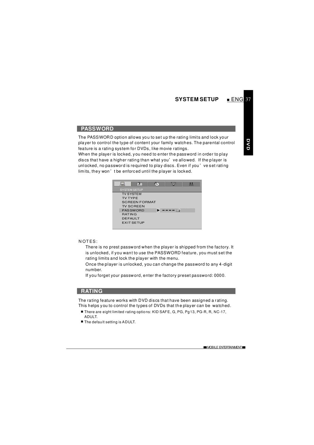 NextBase SDV620-B operating instructions Password, Rating 