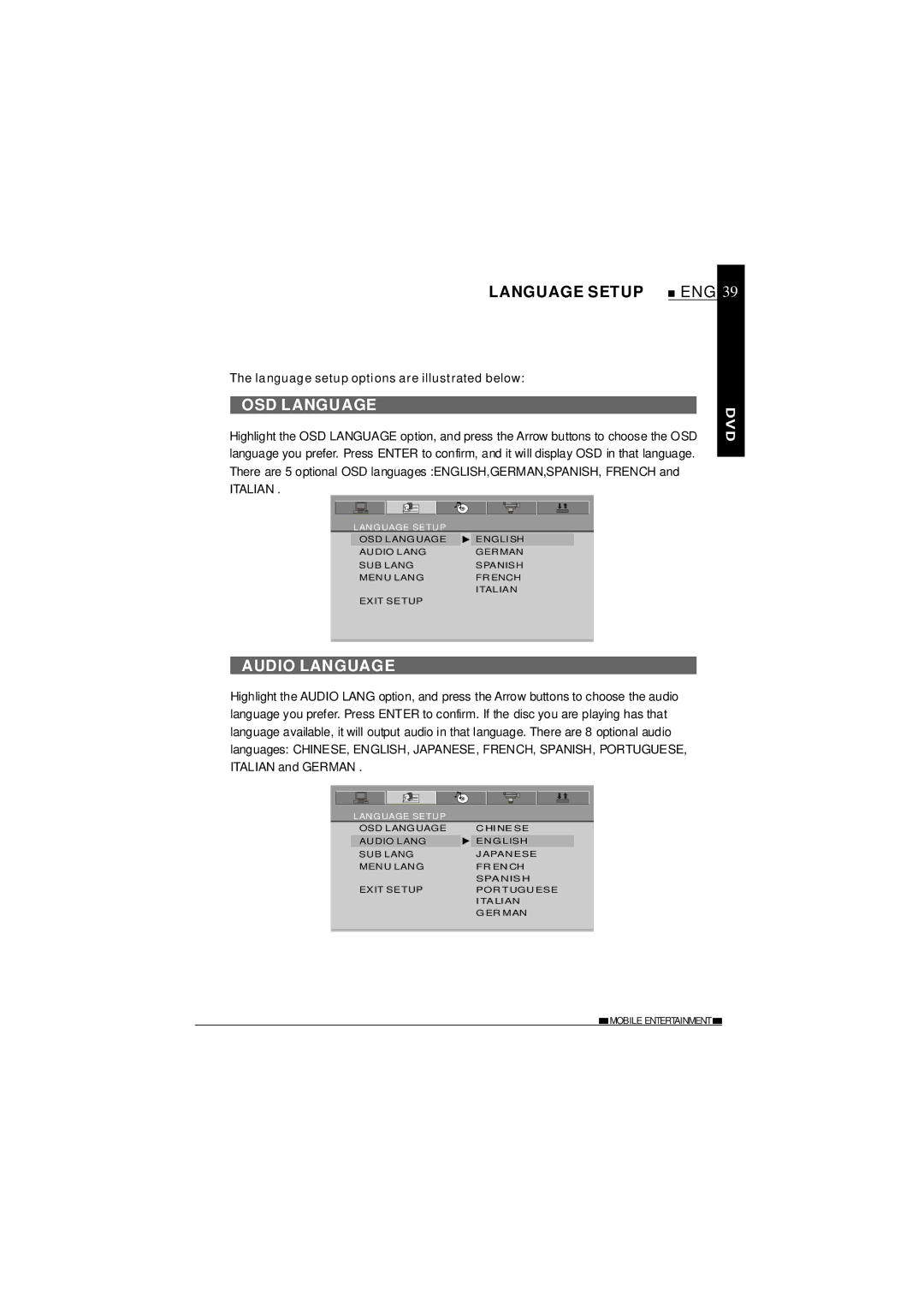 NextBase SDV620-B operating instructions Language Setup, OSD Language, Audio Language 