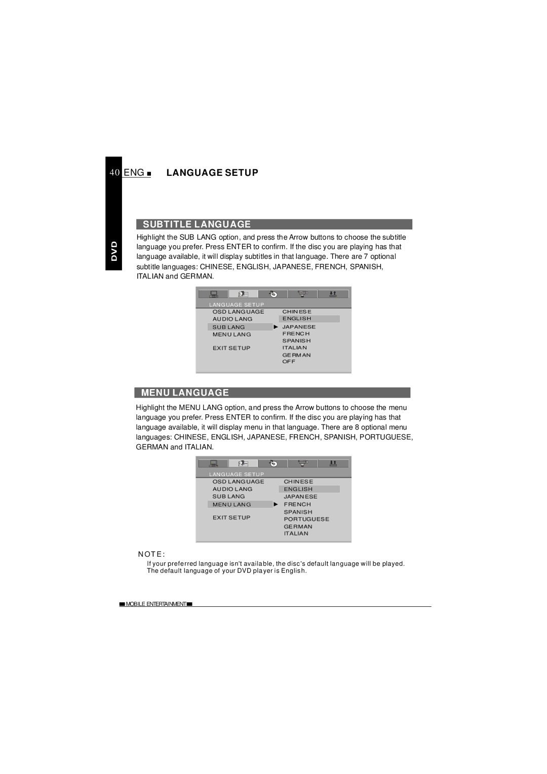 NextBase SDV620-B operating instructions Subtitle Language, Menu Language 